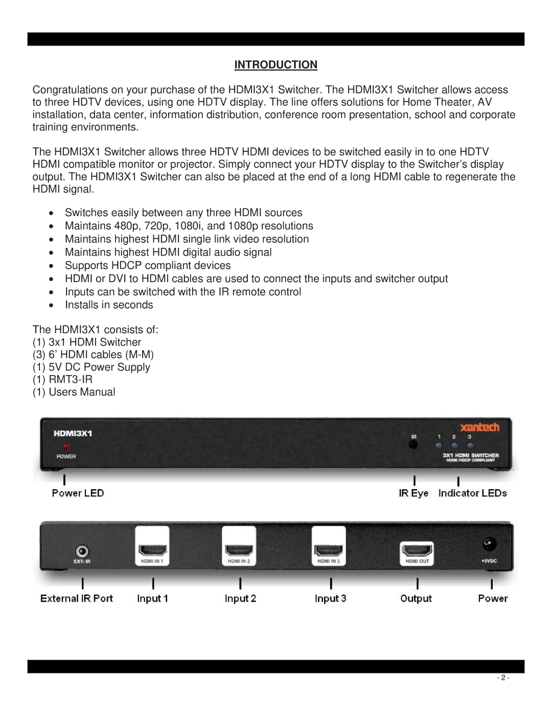 Xantech HDMI3X1 user manual Introduction 