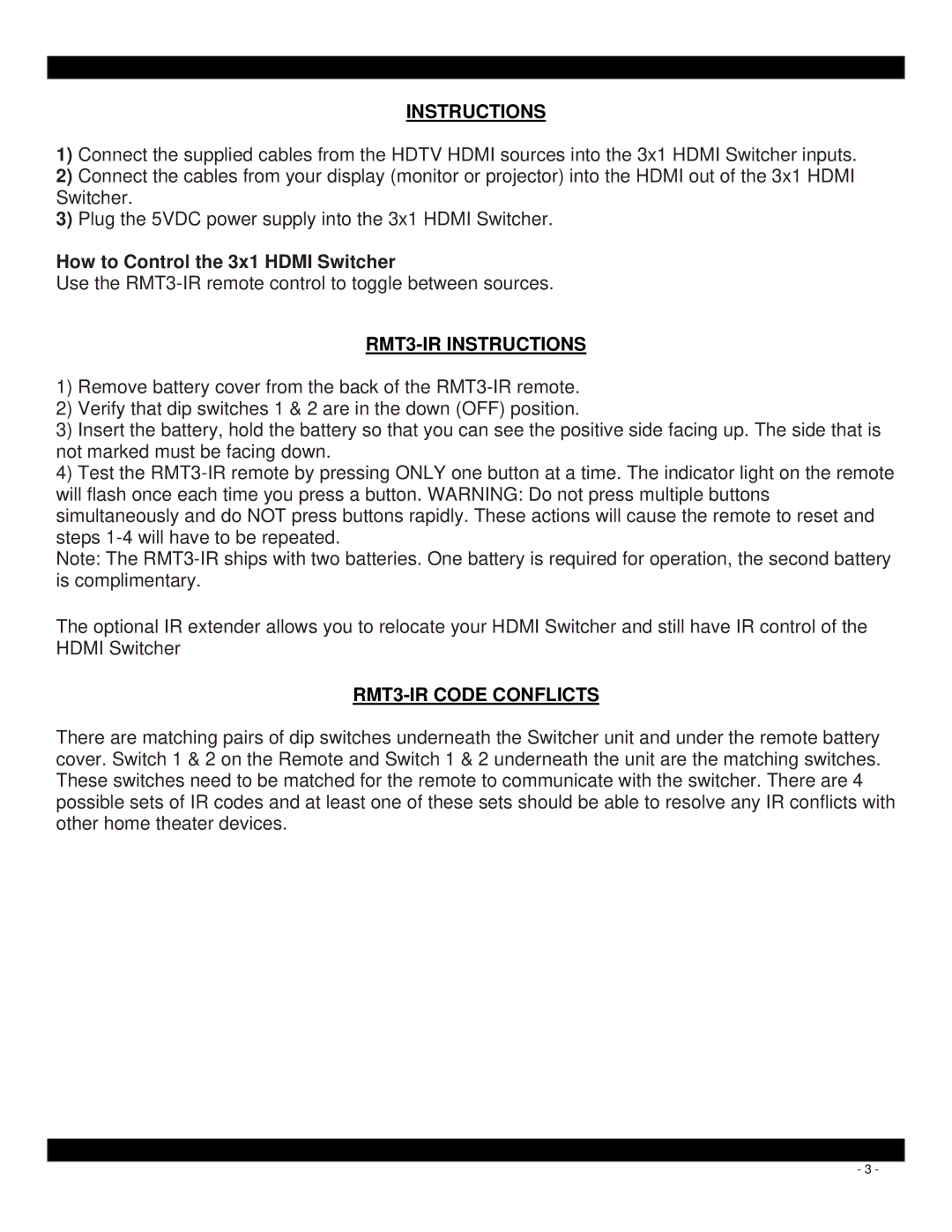 Xantech HDMI3X1 user manual RMT3-IR Instructions, RMT3-IR Code Conflicts 