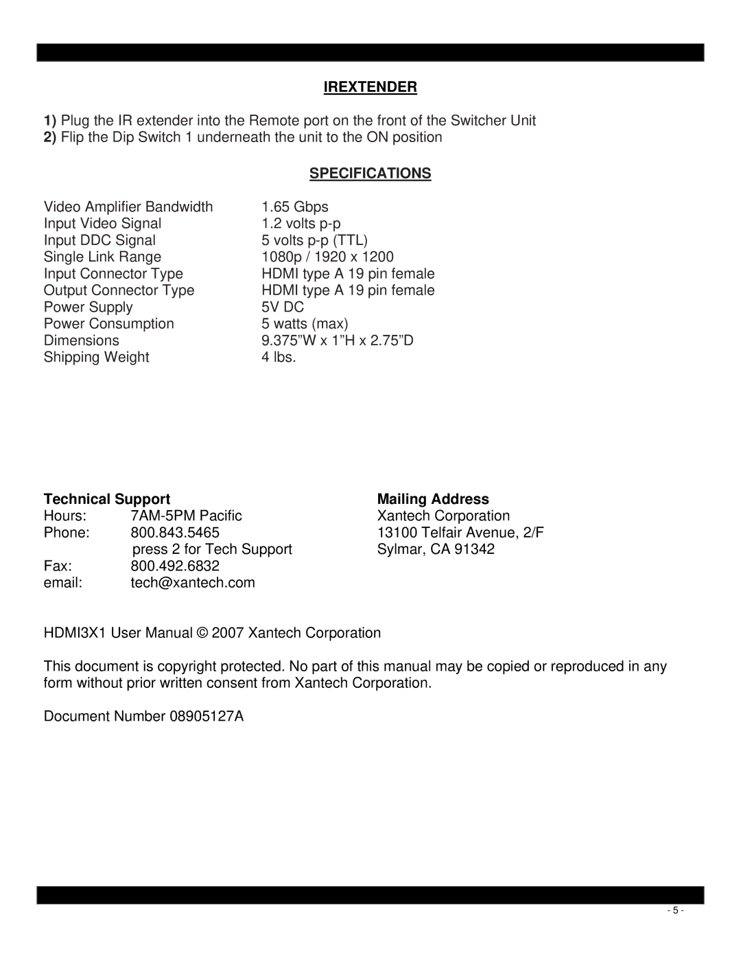 Xantech HDMI3X1 user manual Irextender, Specifications 