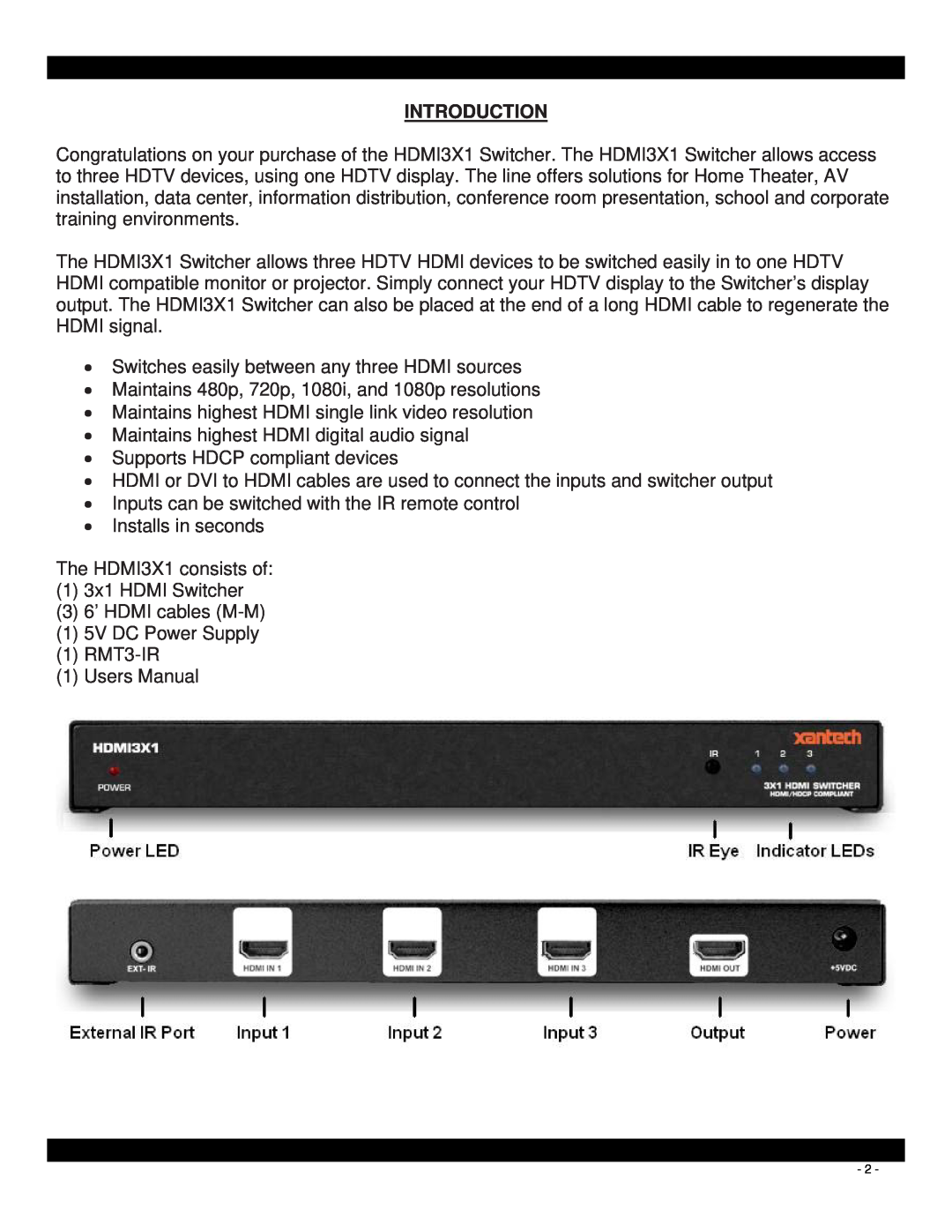 Xantech HDMI3X1 user manual Introduction 