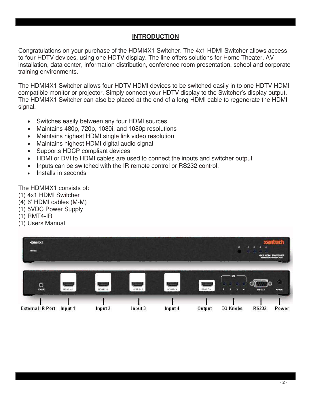 Xantech HDMI4X1, Switcher user manual Introduction 