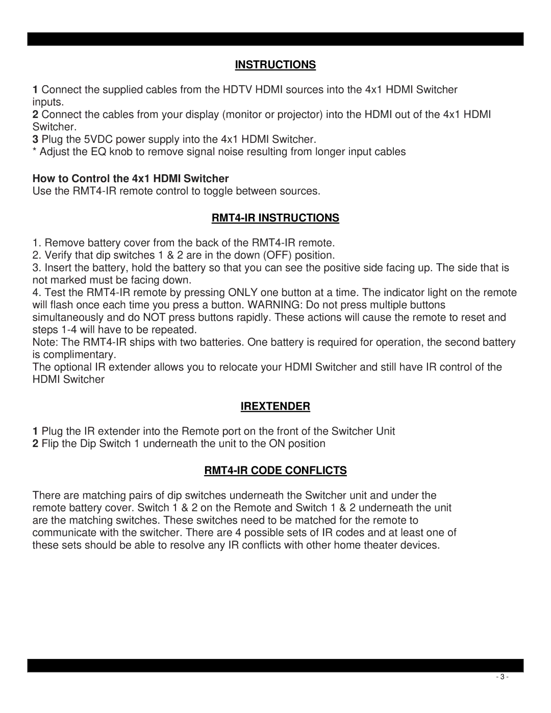 Xantech Switcher, HDMI4X1 user manual RMT4-IR Instructions, Irextender, RMT4-IR Code Conflicts 