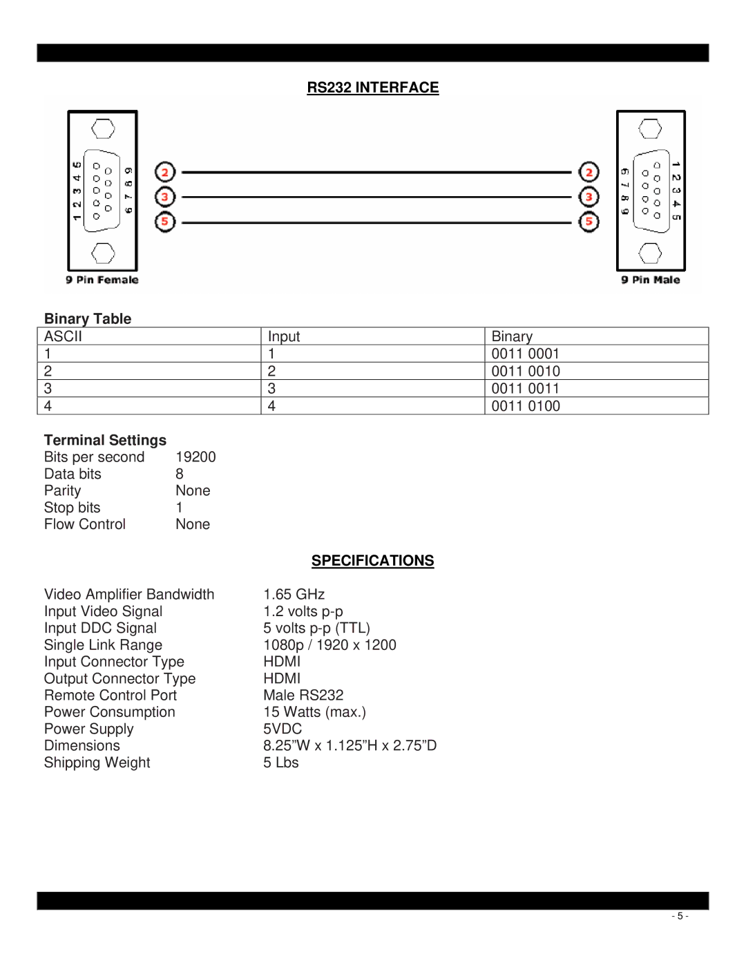 Xantech Switcher, HDMI4X1 user manual RS232 Interface, Specifications 