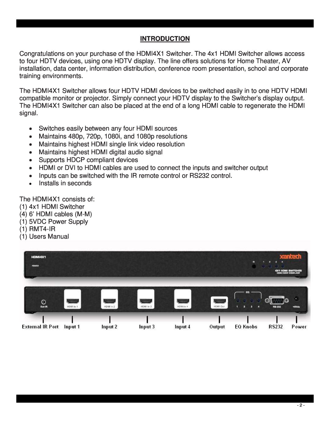 Xantech HDMI4X1 user manual Introduction 