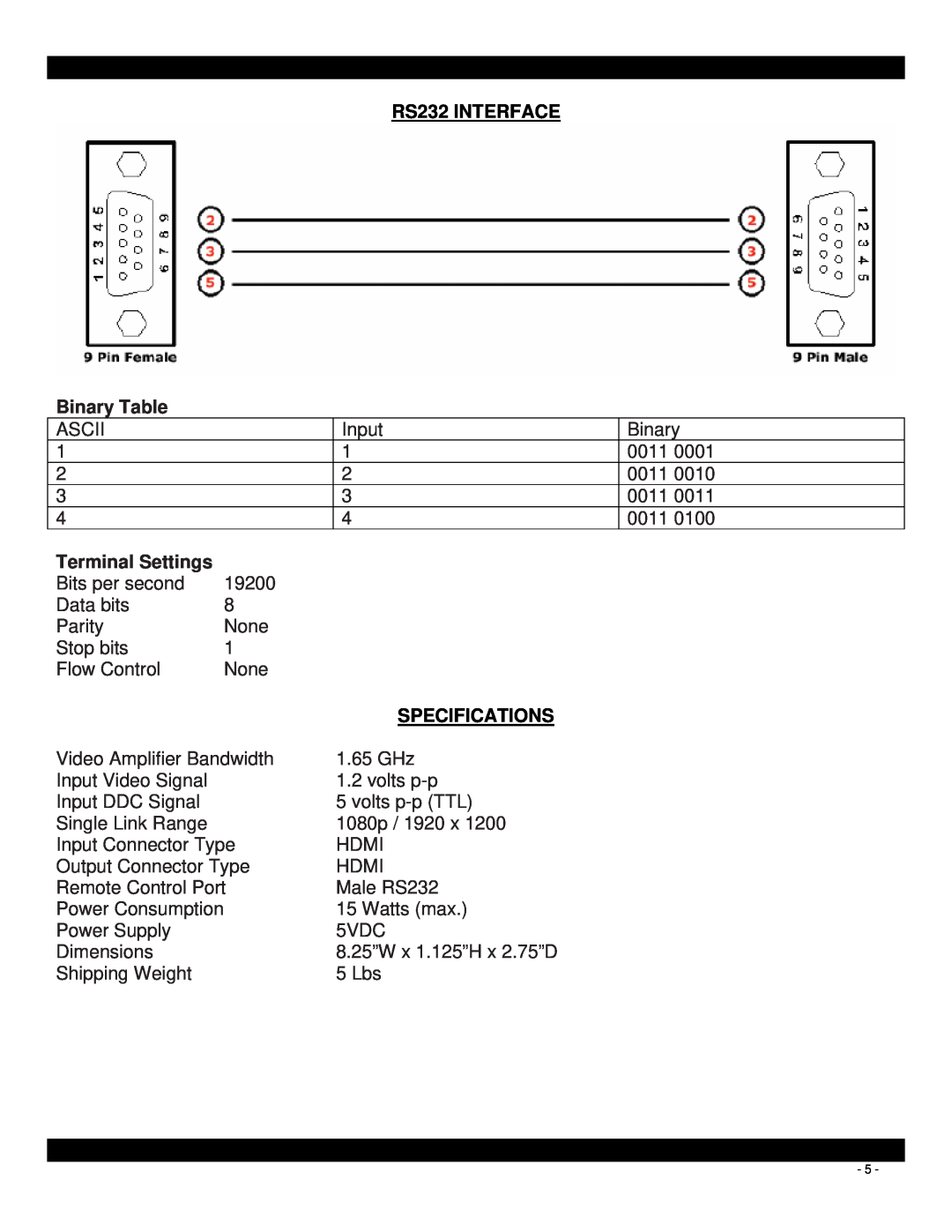 Xantech HDMI4X1 user manual RS232 INTERFACE, Binary Table, Terminal Settings, Specifications 