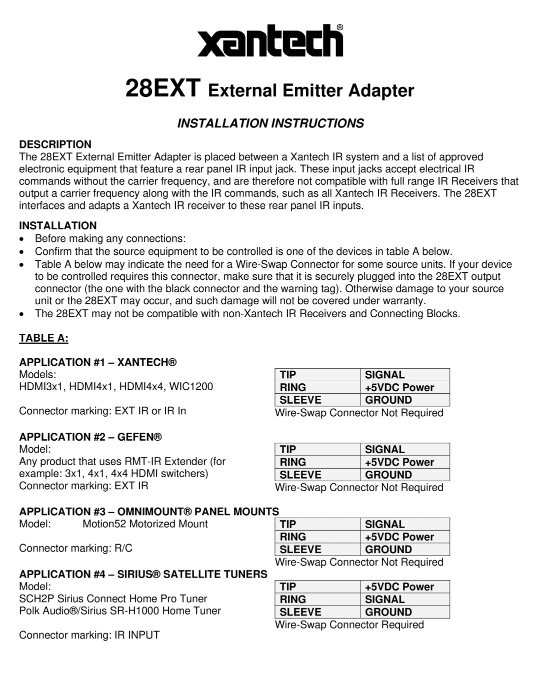 Xantech HDMI4X1, HDMI4X4, WIC1200 installation instructions 28EXT External Emitter Adapter, Installation Instructions 