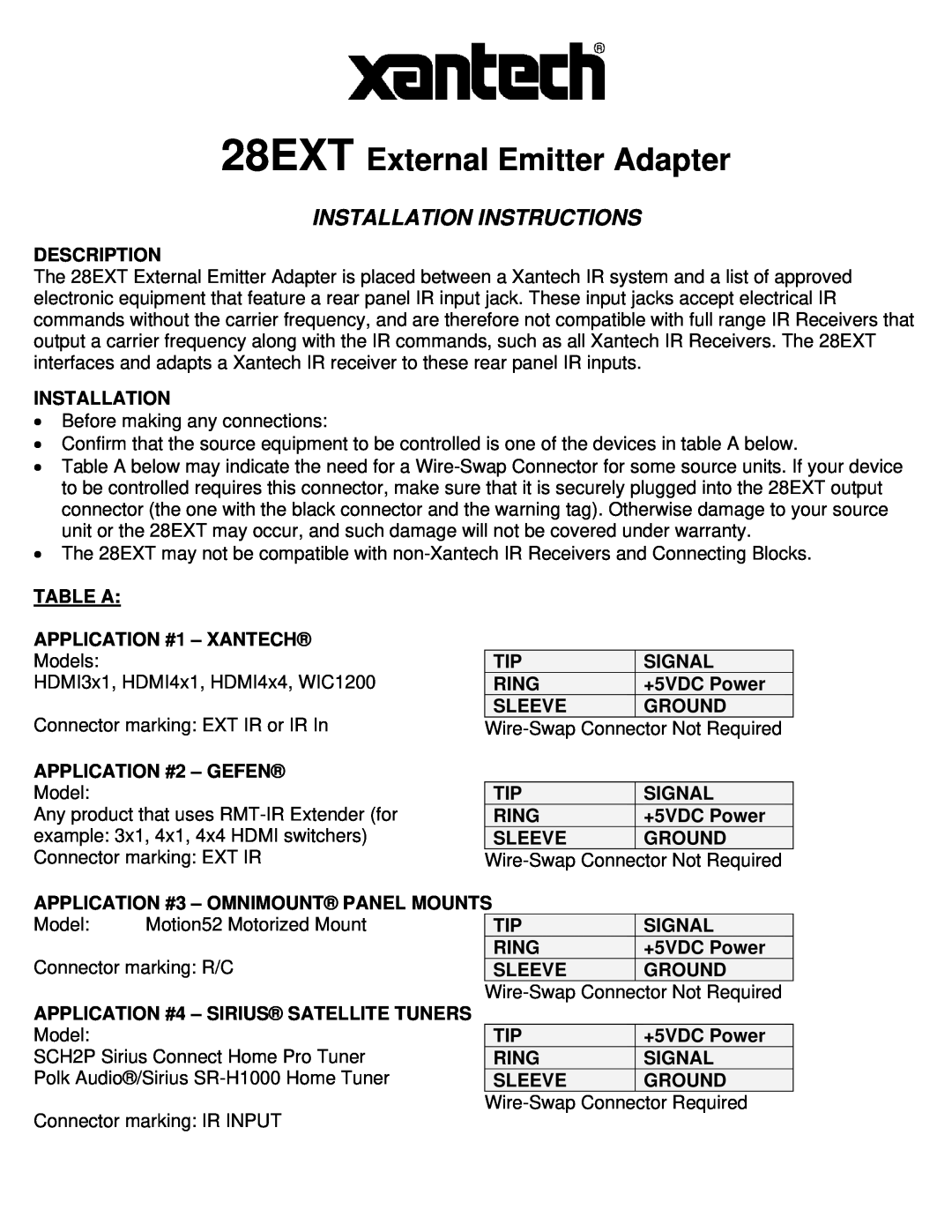 Xantech HDMI4X1, HDMI4X4, WIC1200 installation instructions 28EXT External Emitter Adapter, Installation Instructions 