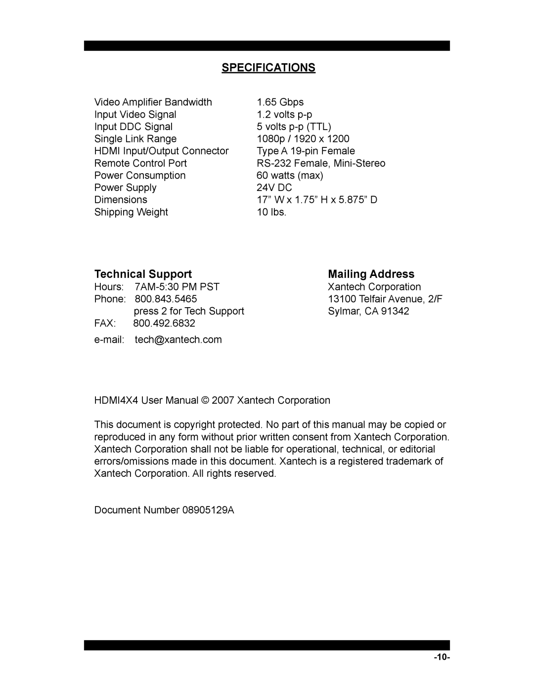 Xantech HDMI4X4 user manual Specifications 