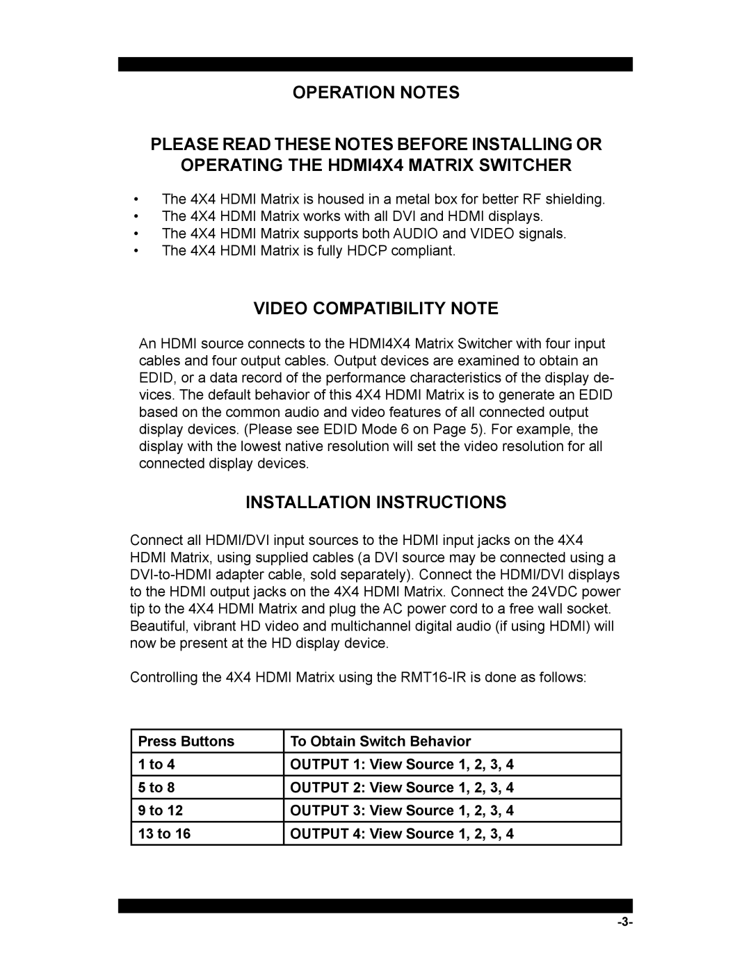 Xantech HDMI4X4 user manual Video Compatibility Note, Installation Instructions 