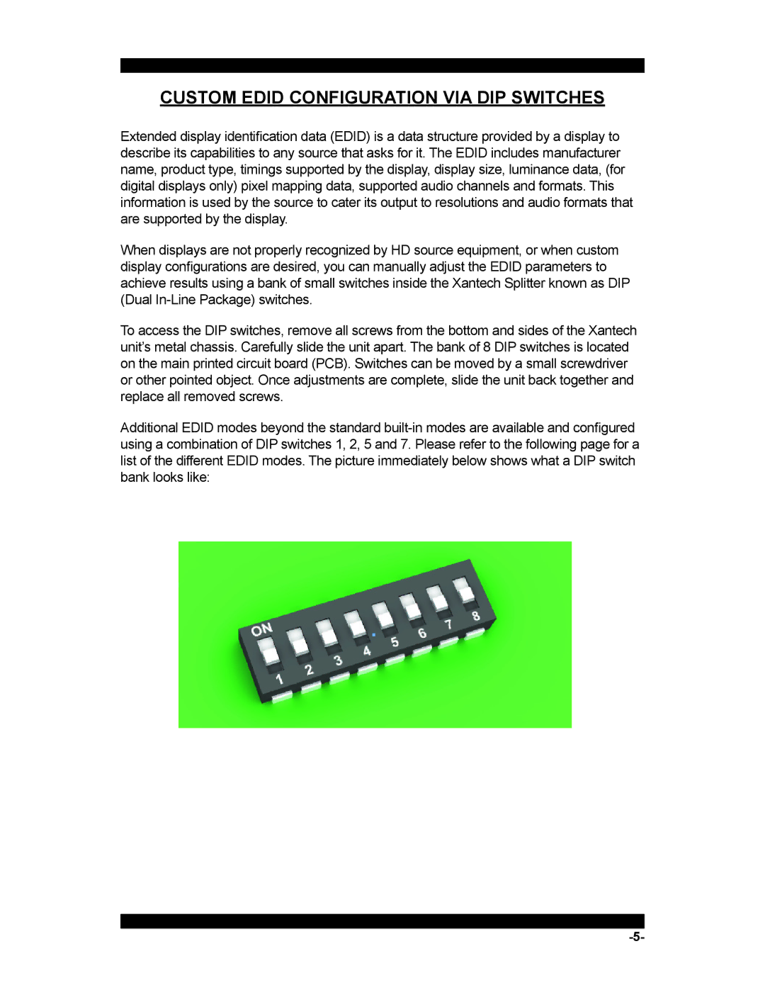 Xantech HDMI4X4 user manual Custom Edid Configuration VIA DIP Switches 