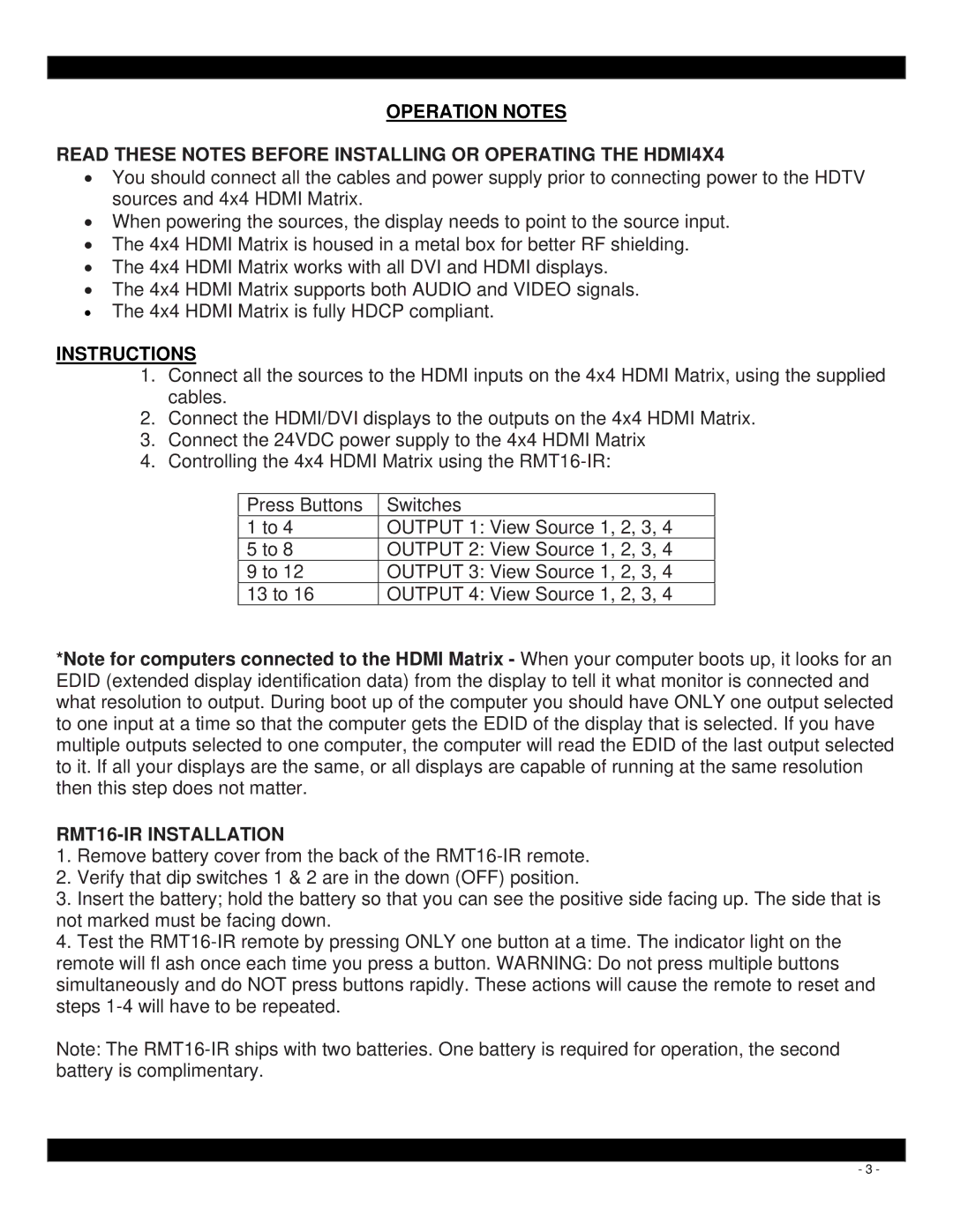 Xantech user manual Read These Notes Before Installing or Operating the HDMI4X4, RMT16-IR Installation 