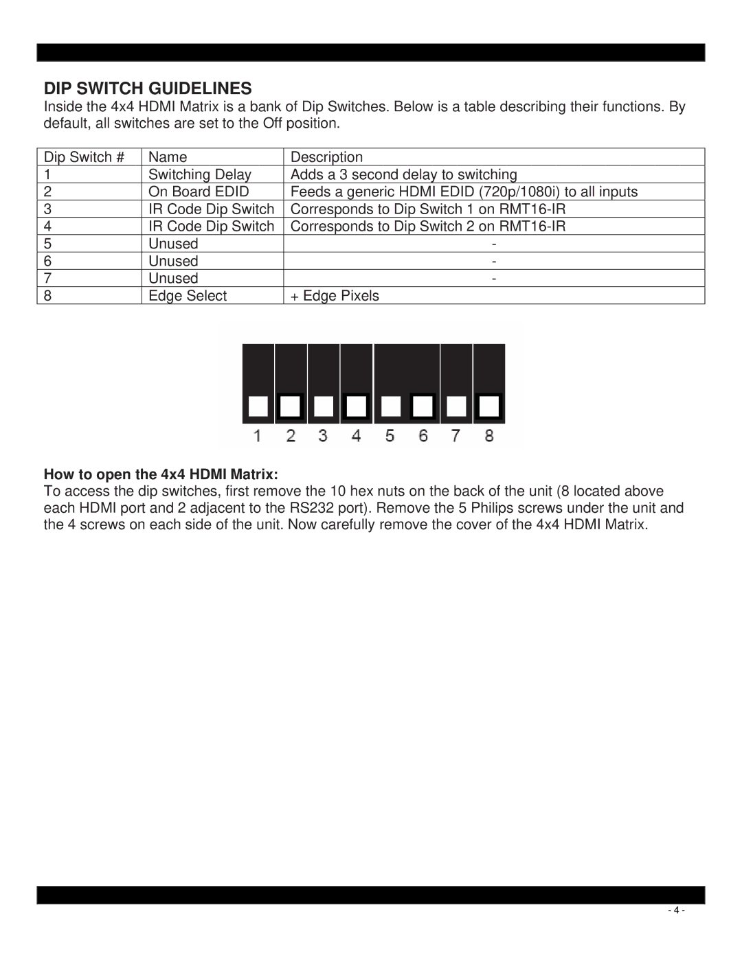 Xantech HDMI4X4 user manual DIP Switch Guidelines 