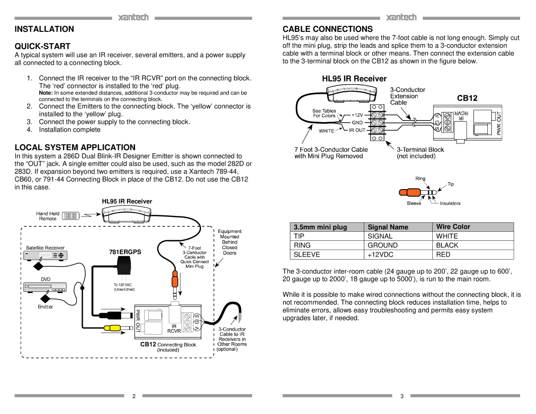 Xantech HL95 Installation QUICK-START, Local System Application, Cable Connections, 5mm mini plug Signal Name Wire Color 