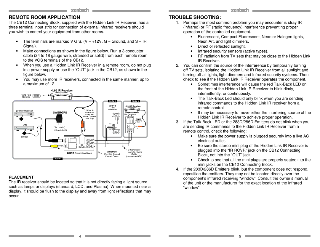 Xantech HL95 installation instructions Remote Room Application, Trouble Shooting 