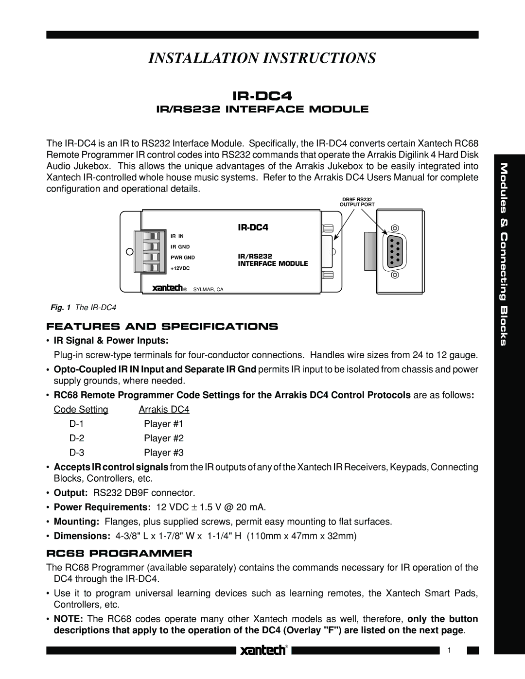 Xantech IR-DC4 installation instructions IR/RS232 Interface Module, Features and Specifications, IR Signal & Power Inputs 