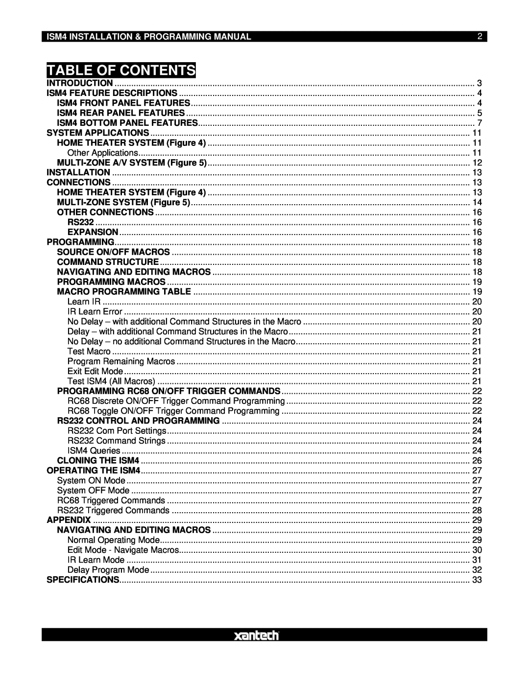 Xantech manual Table Of Contents, ISM4 INSTALLATION & PROGRAMMING MANUAL 