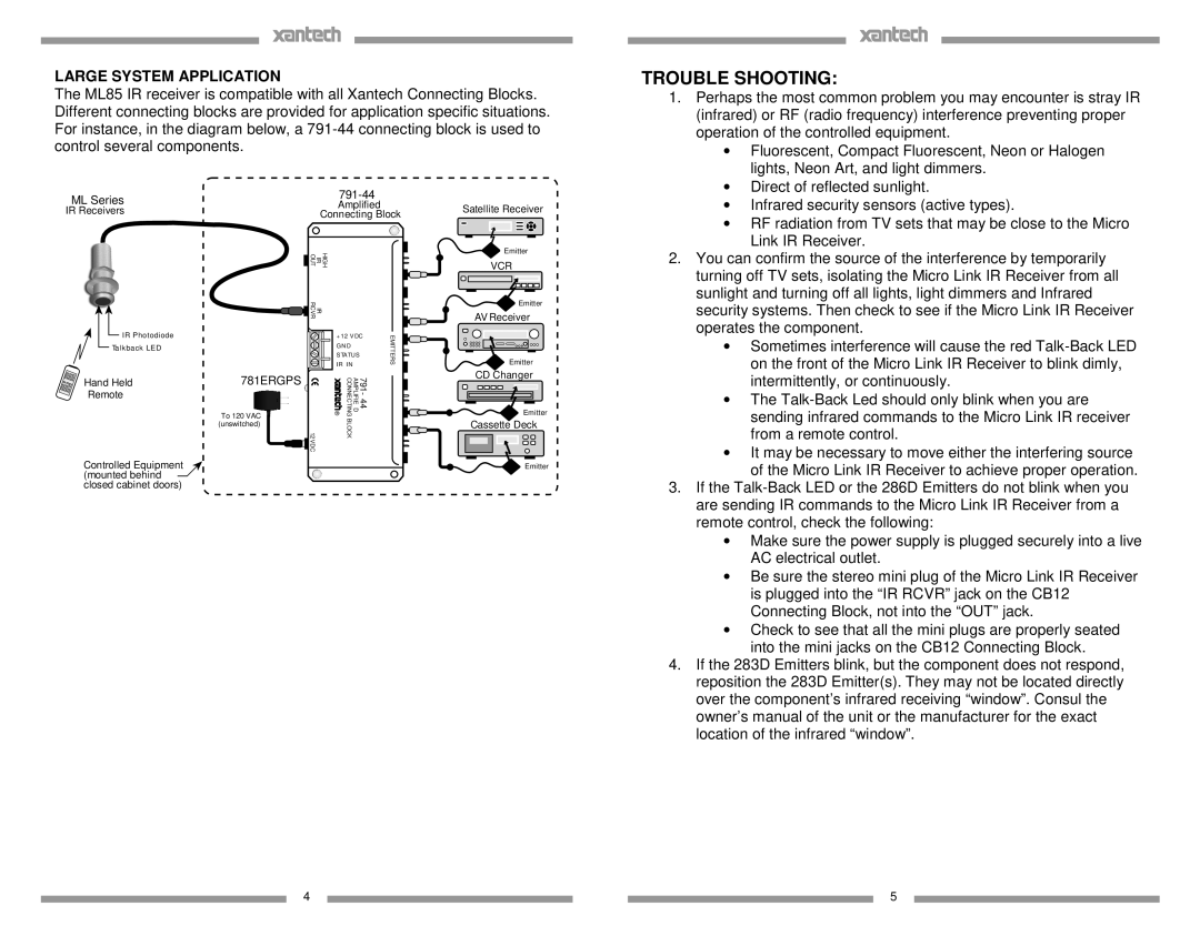 Xantech ML85 installation instructions Trouble Shooting, Large System Application 