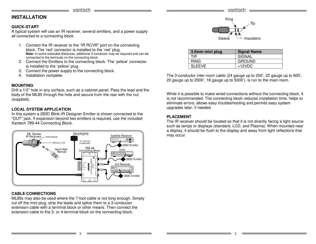 Xantech ML85K installation instructions Installation 