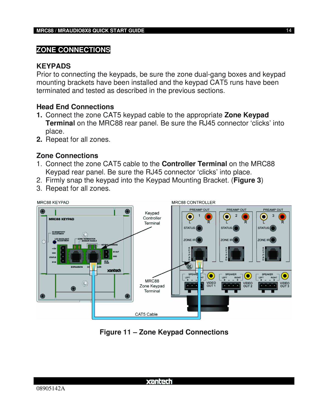 Xantech MRAUDIO8X8 quick start Zone Connections, Keypads 