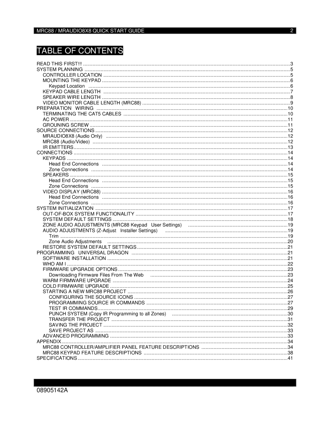 Xantech MRAUDIO8X8 quick start Table of Contents 