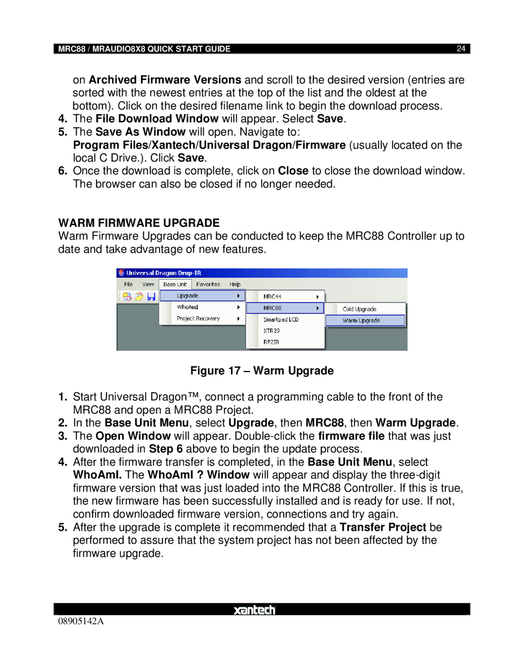 Xantech MRAUDIO8X8 quick start Warm Firmware Upgrade, Warm Upgrade 