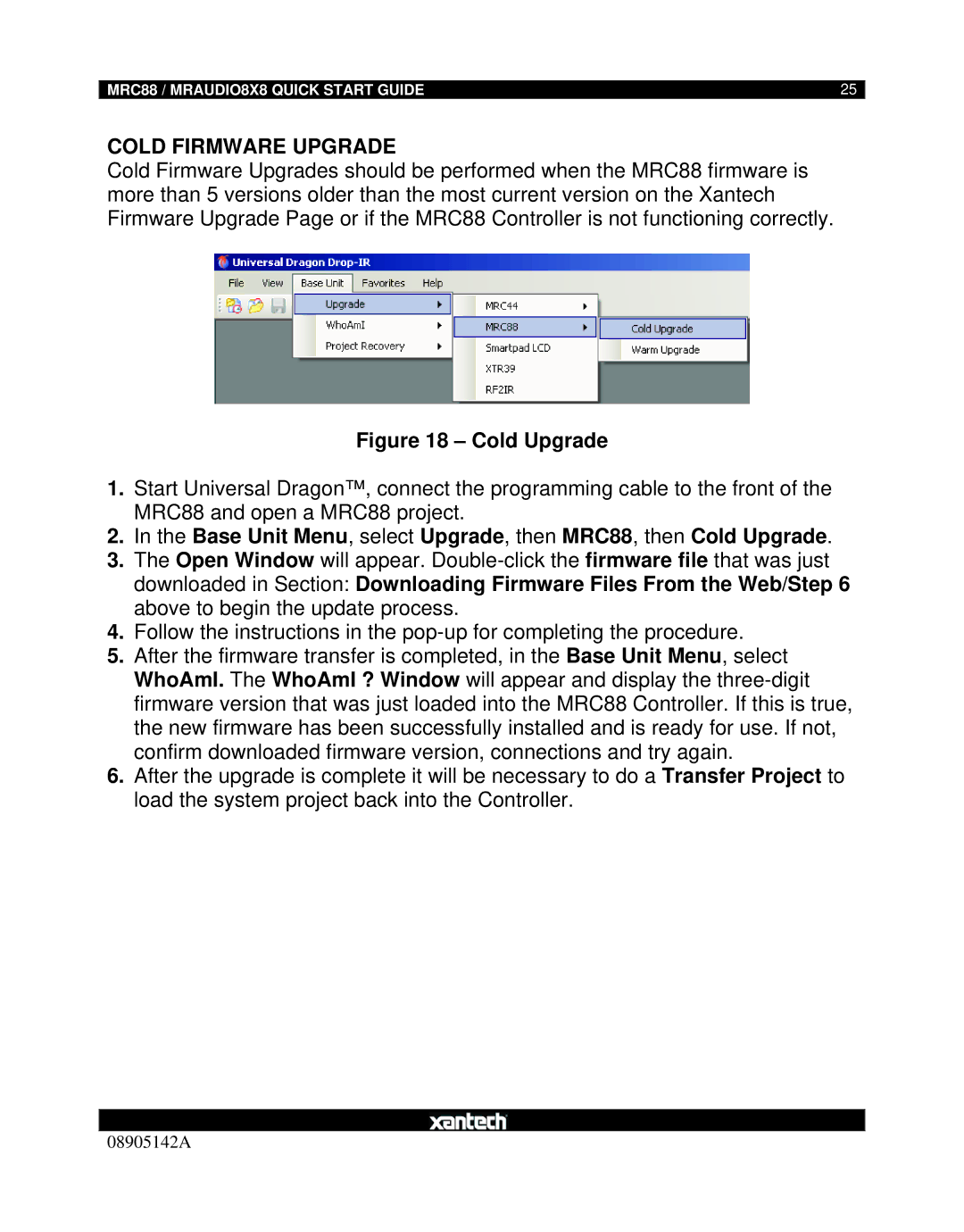 Xantech MRAUDIO8X8 quick start Cold Firmware Upgrade, Cold Upgrade 