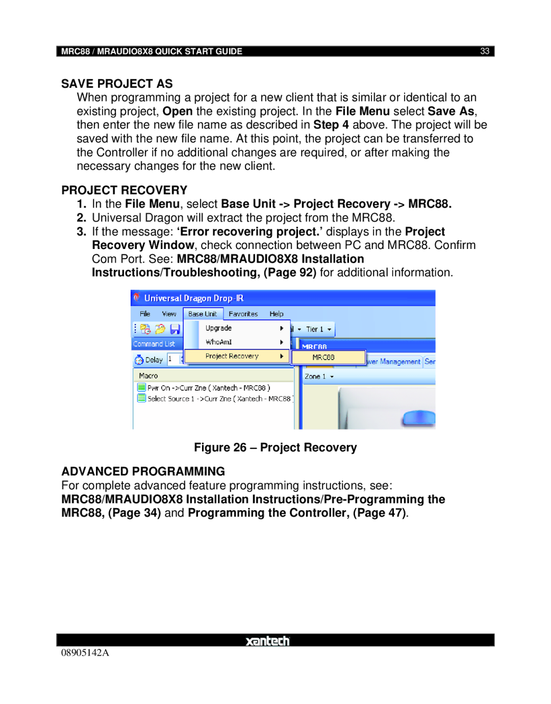 Xantech MRAUDIO8X8 Save Project AS, File Menu, select Base Unit Project Recovery MRC88, Advanced Programming 