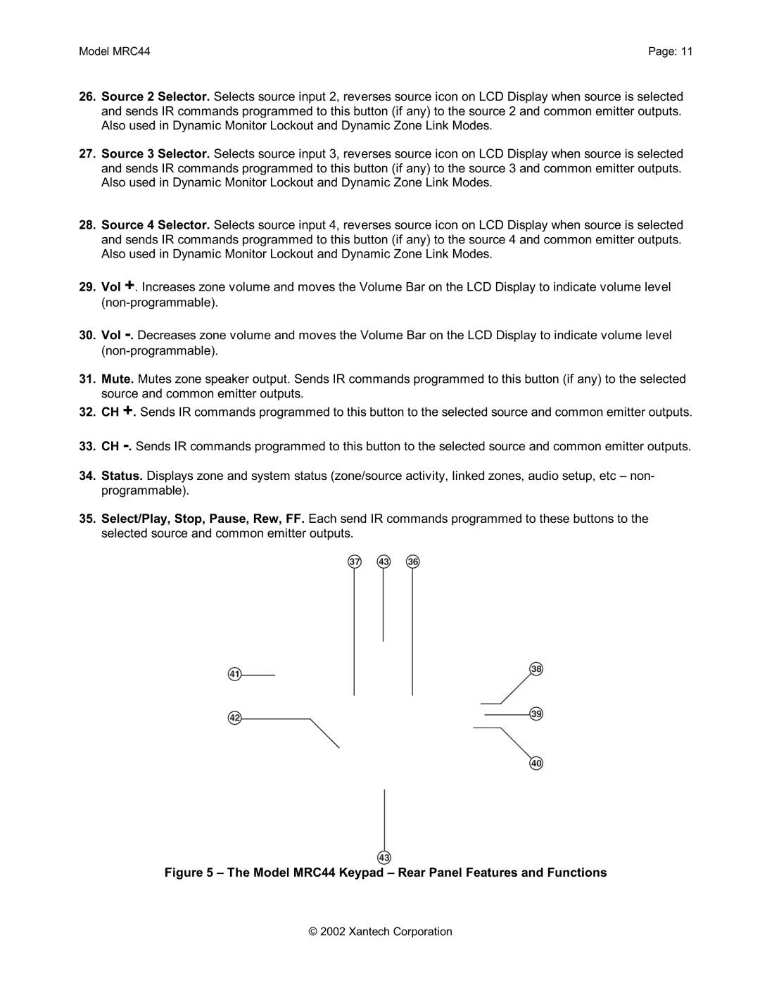 Xantech installation instructions Model MRC44 Keypad Rear Panel Features and Functions 