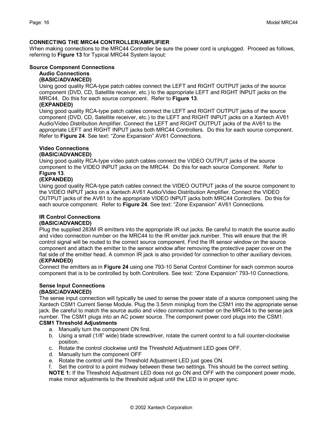 Xantech installation instructions Connecting the MRC44 CONTROLLER/AMPLIFIER, Basic/Advanced 