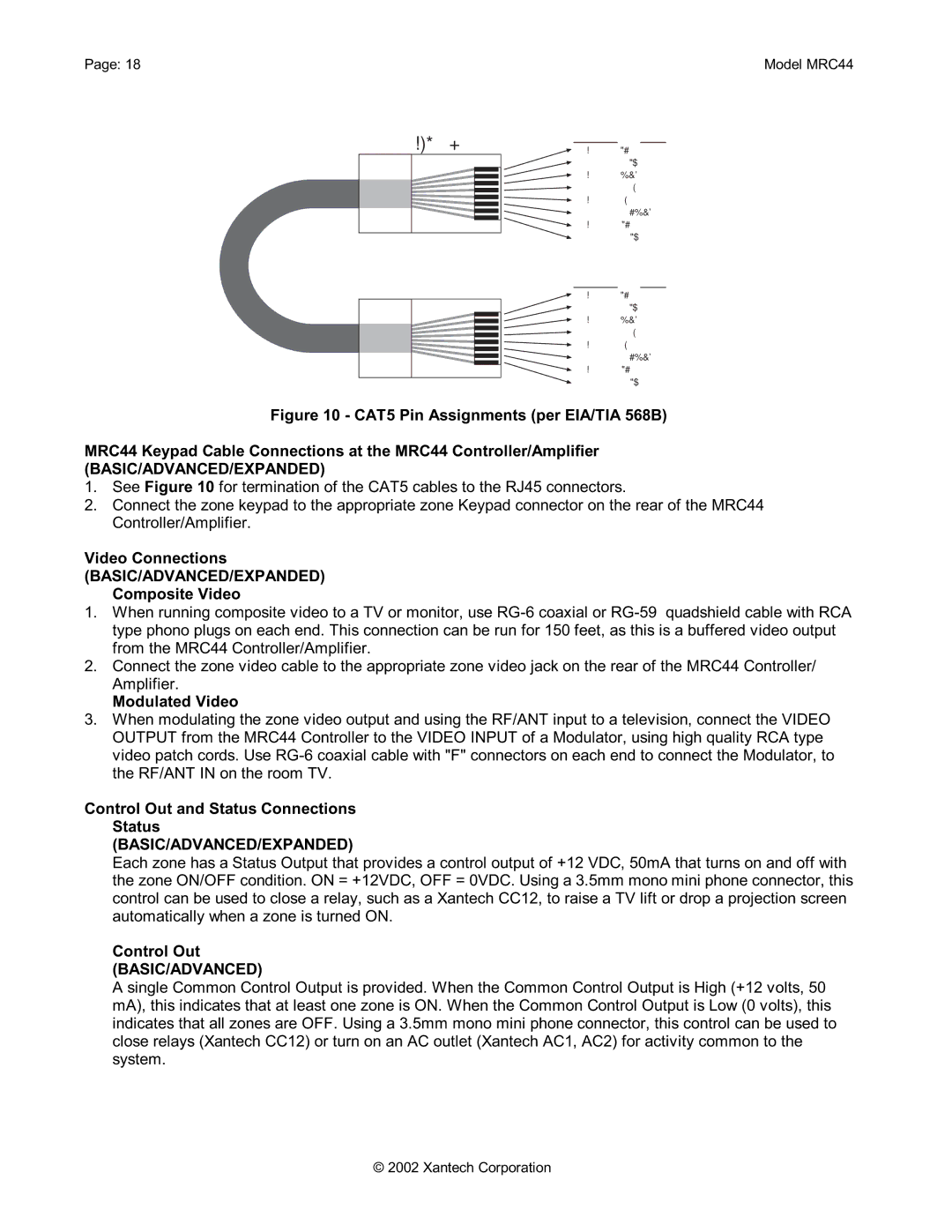 Xantech MRC44 Video Connections BASIC/ADVANCED/EXPANDED Composite Video, Modulated Video, Control Out 