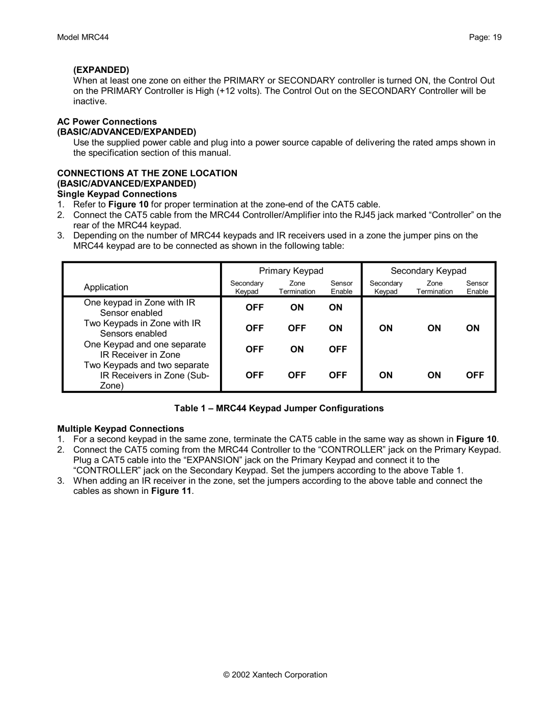 Xantech MRC44 installation instructions Connections AT the Zone Location BASIC/ADVANCED/EXPANDED, Off 