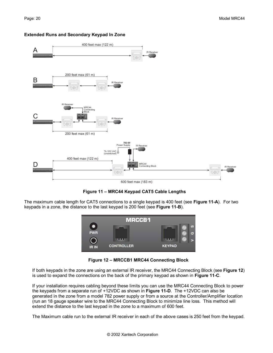 Xantech installation instructions Extended Runs and Secondary Keypad In Zone, MRC44 Keypad CAT5 Cable Lengths 