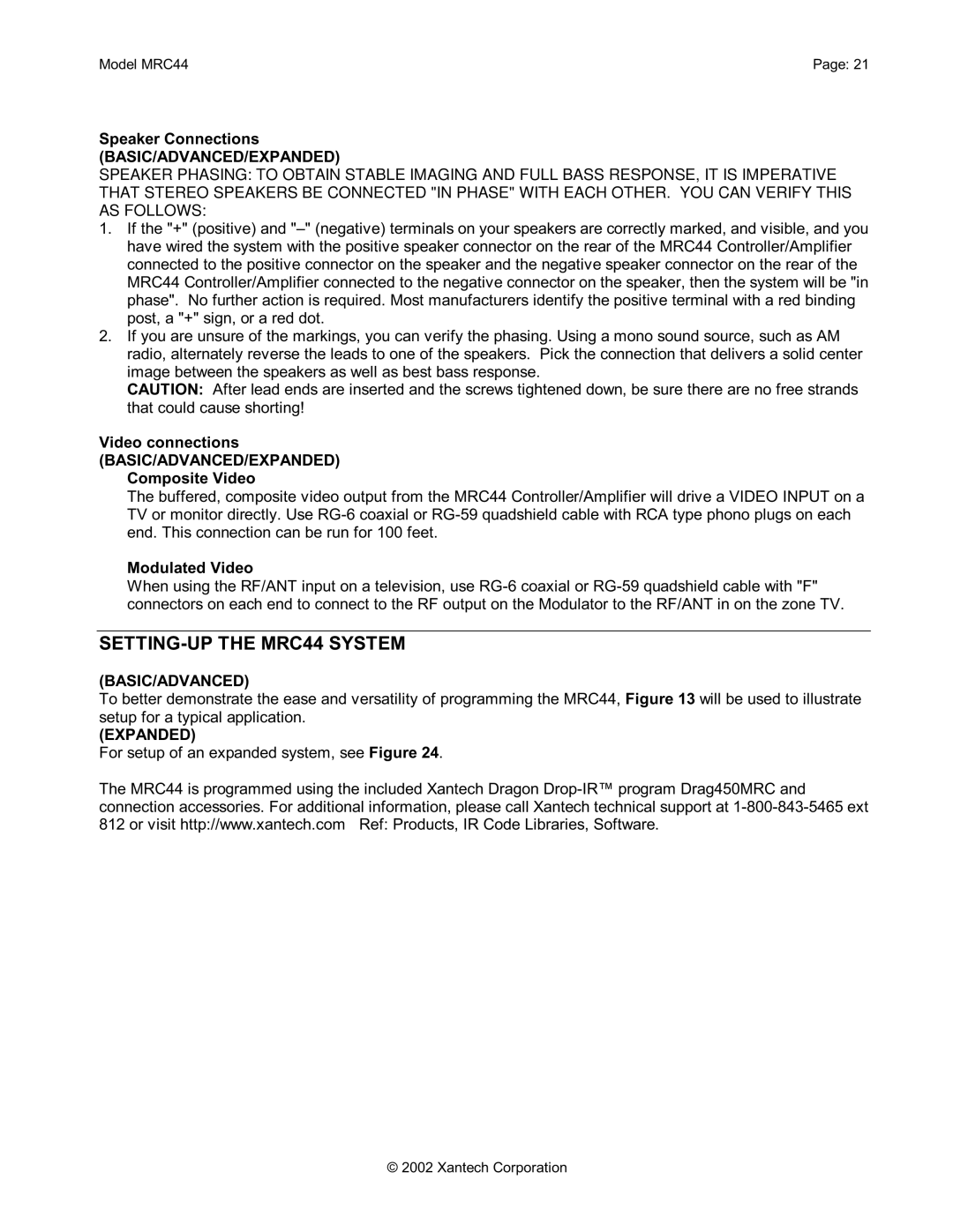 Xantech installation instructions SETTING-UP the MRC44 System, For setup of an expanded system, see Figure 