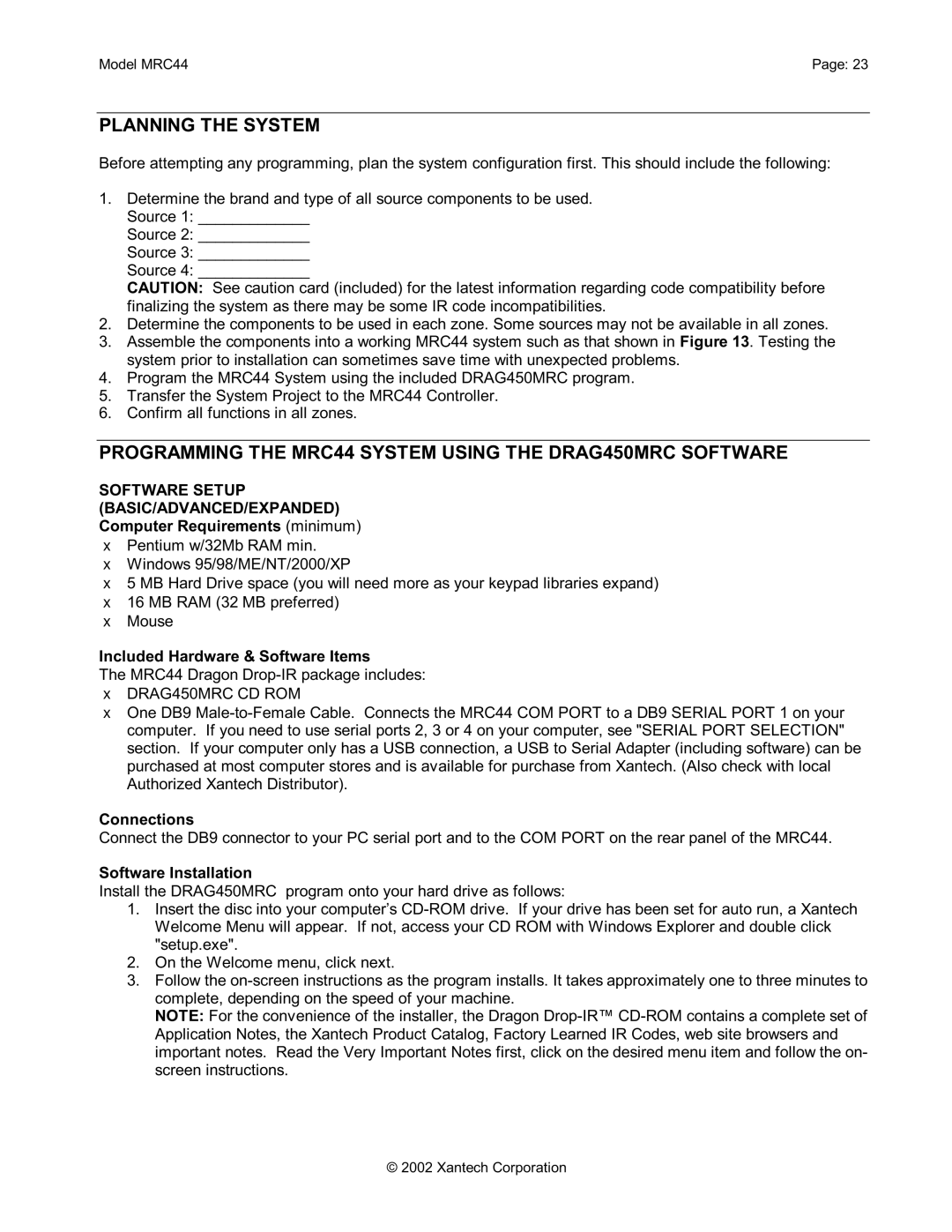 Xantech Planning the System, Programming the MRC44 System Using the DRAG450MRC Software, Connections 