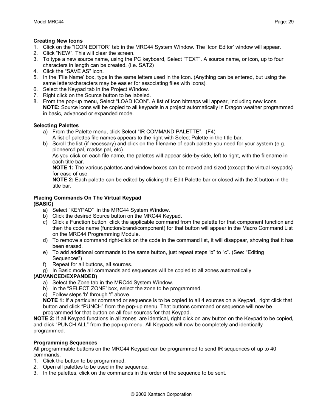 Xantech MRC44 Creating New Icons, Selecting Palettes, Placing Commands On The Virtual Keypad Basic, Advanced/Expanded 