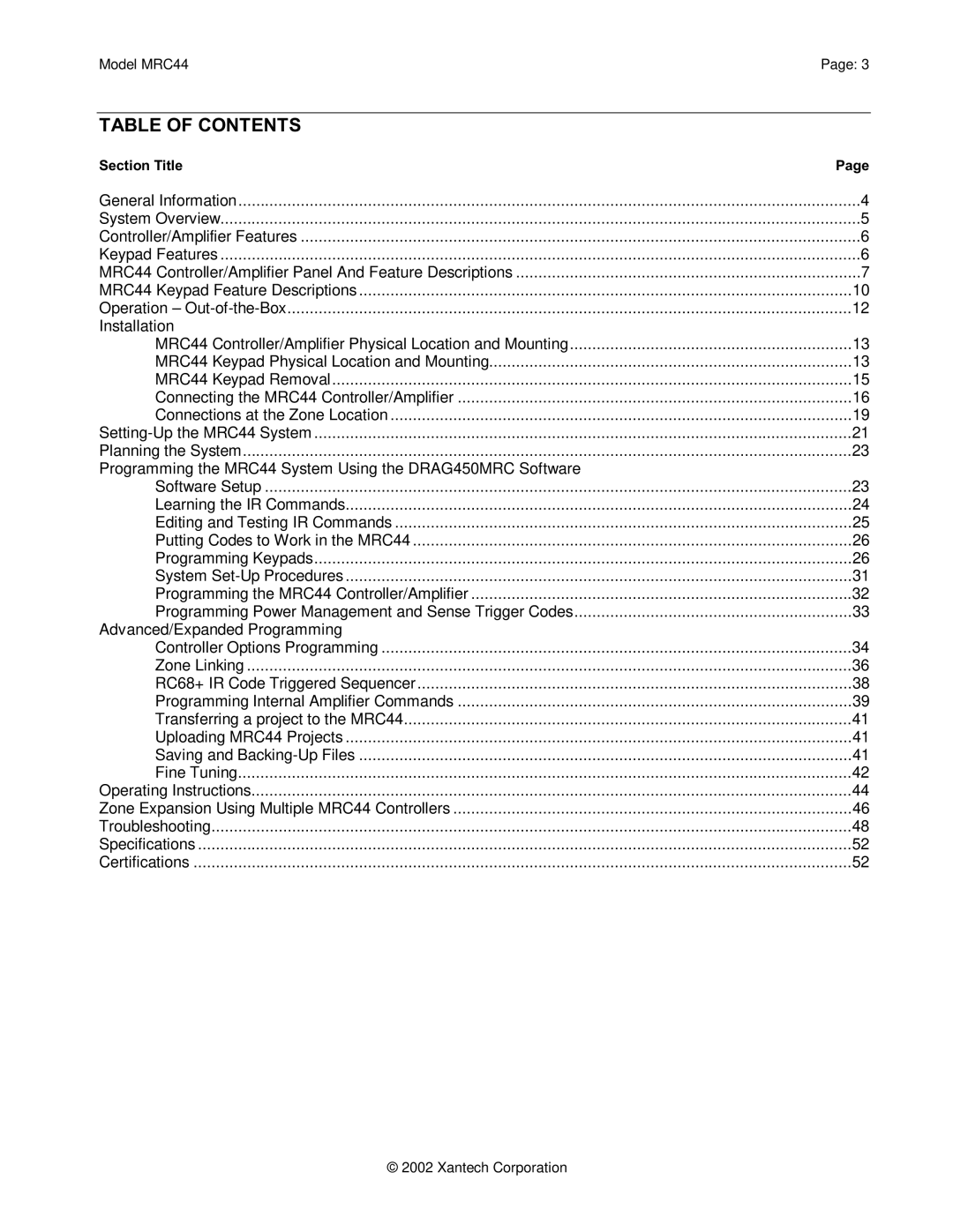 Xantech MRC44 installation instructions Table of Contents 