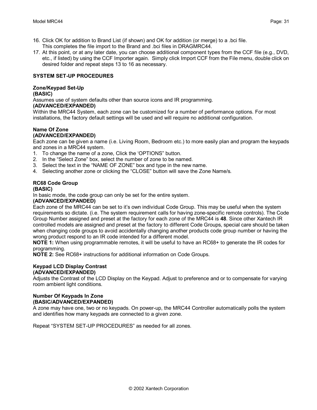 Xantech MRC44 installation instructions System SET-UP Procedures 