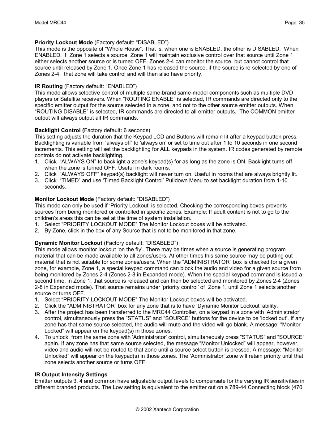 Xantech MRC44 installation instructions IR Output Intensity Settings 