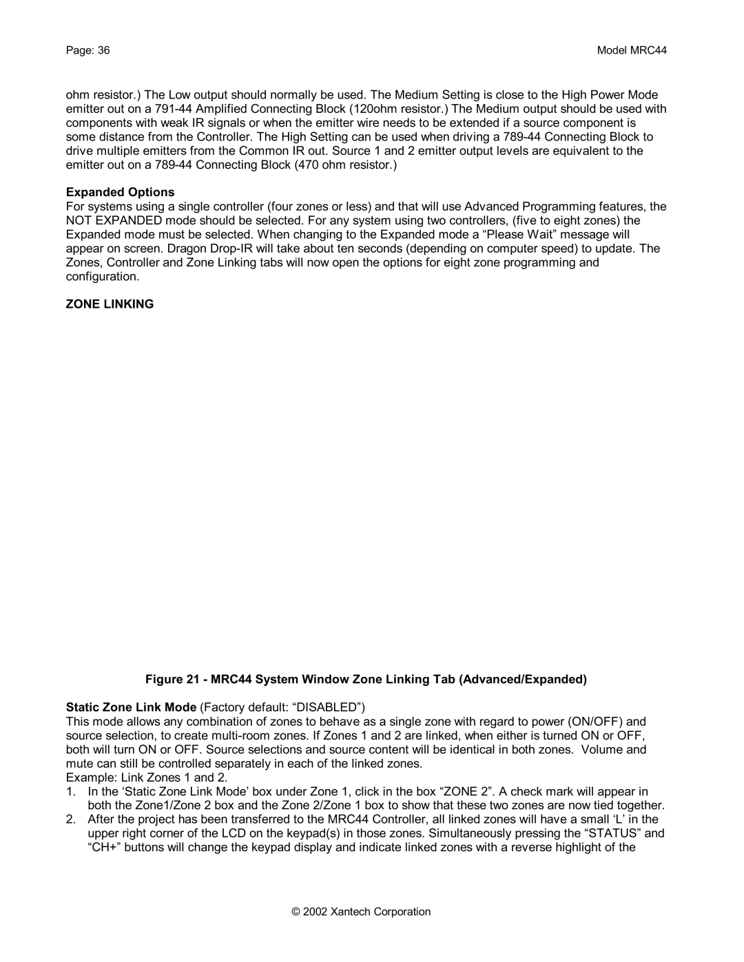 Xantech MRC44 installation instructions Expanded Options, Zone Linking 