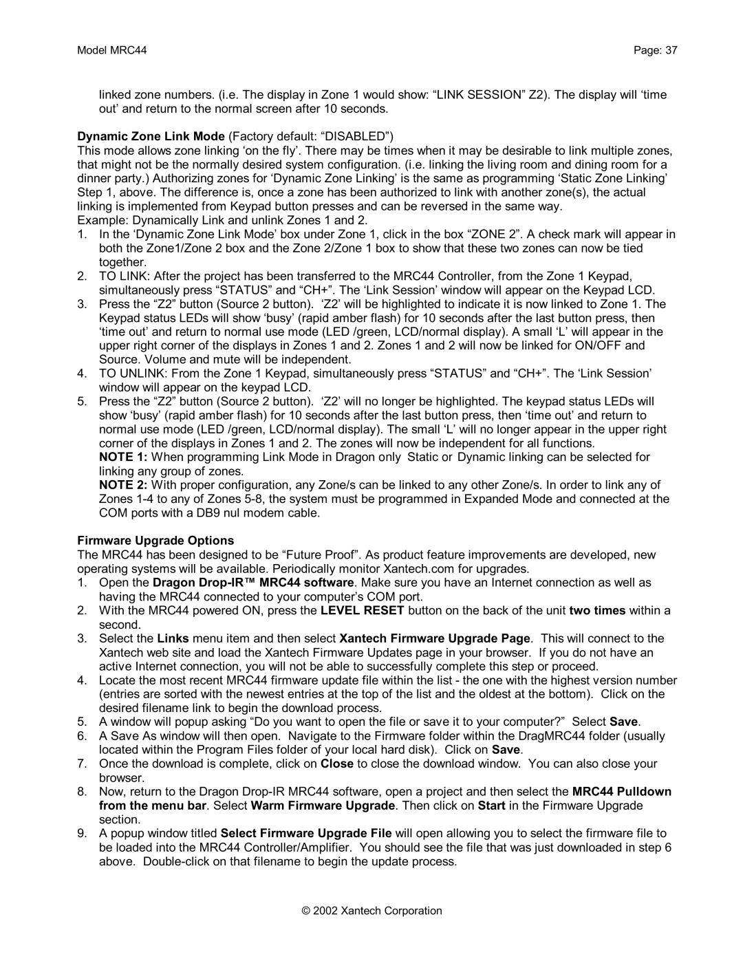 Xantech MRC44 installation instructions Firmware Upgrade Options 