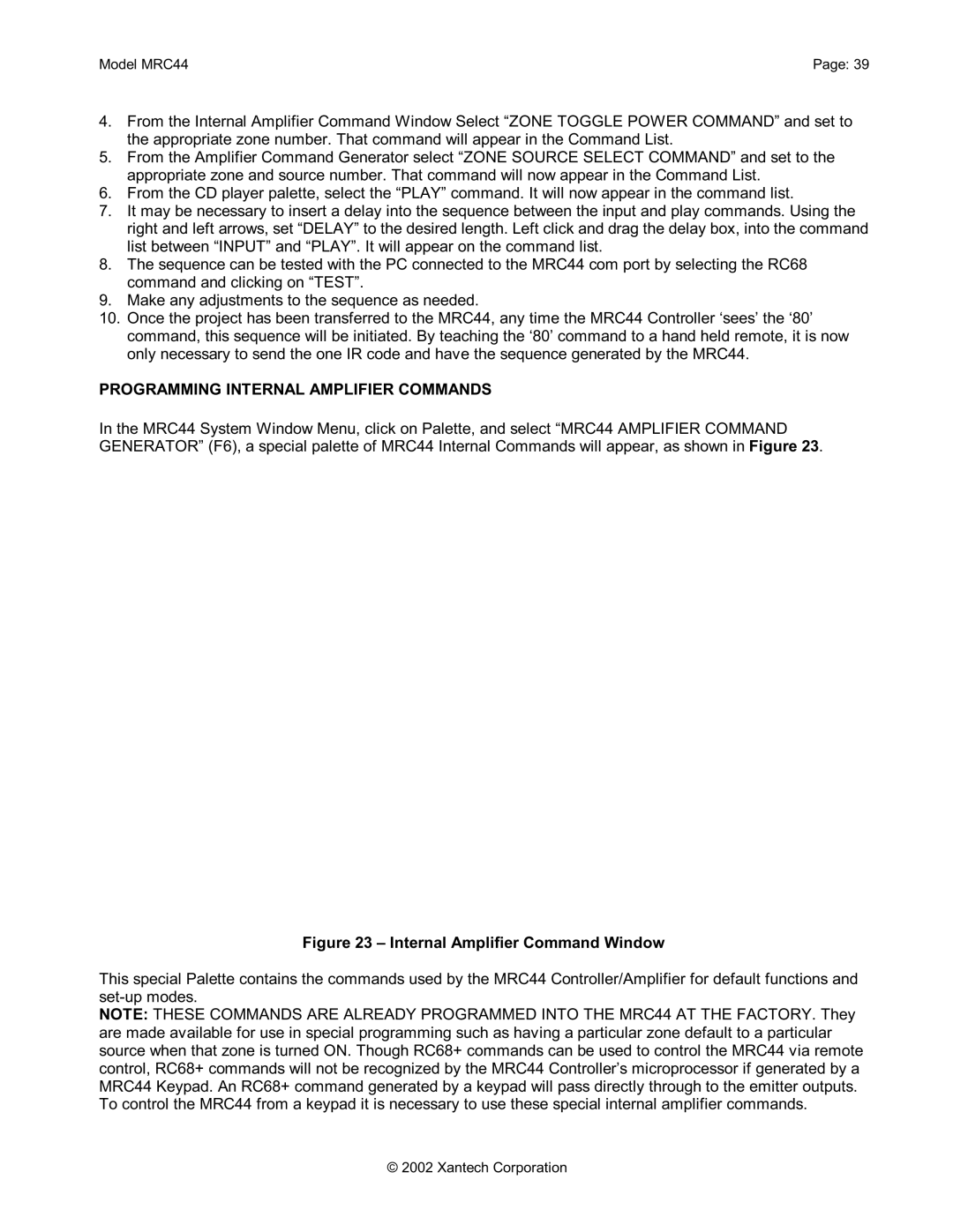 Xantech MRC44 installation instructions Programming Internal Amplifier Commands, Internal Amplifier Command Window 