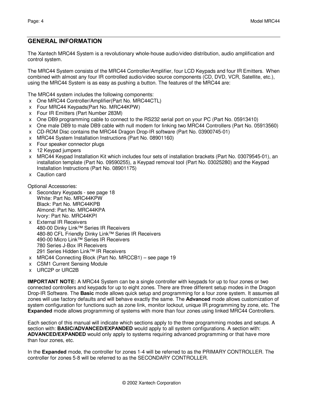 Xantech MRC44 installation instructions General Information 