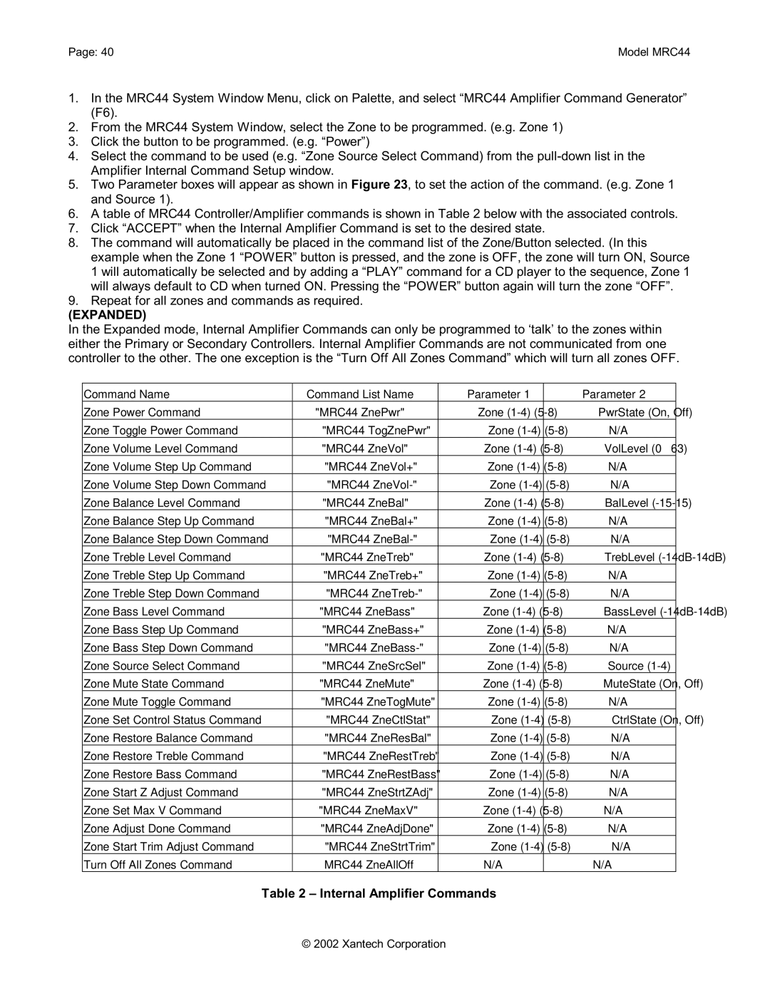 Xantech MRC44 installation instructions Internal Amplifier Commands, Command Name Command List Name Parameter 