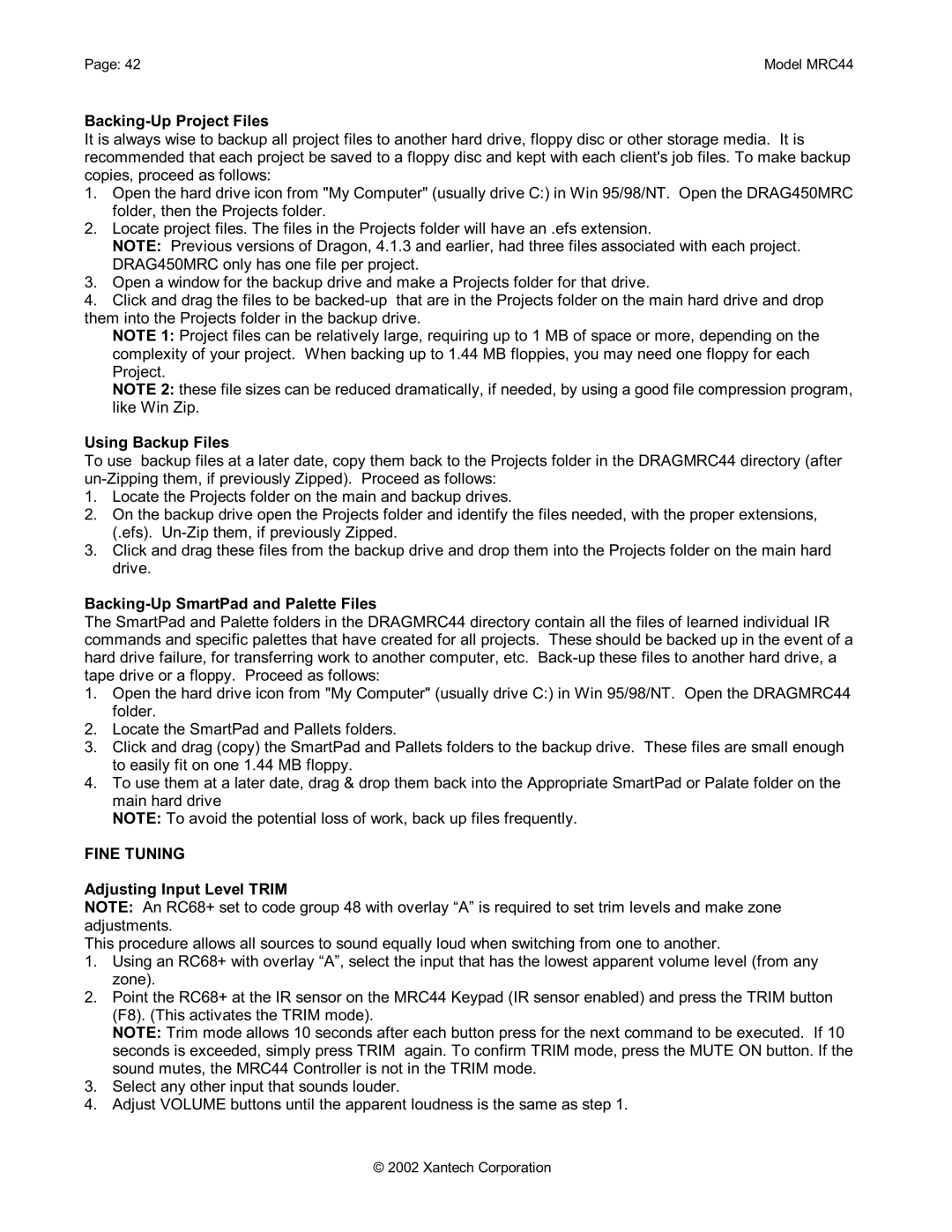 Xantech MRC44 Backing-Up Project Files, Using Backup Files, Backing-Up SmartPad and Palette Files, Fine Tuning 