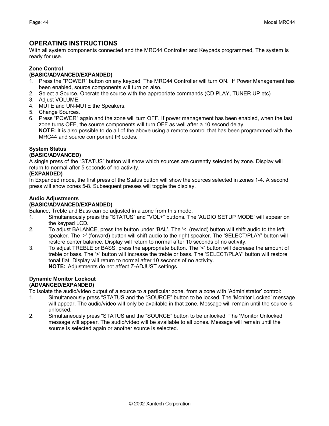 Xantech MRC44 Operating Instructions, Zone Control, System Status, Audio Adjustments, Dynamic Monitor Lockout 