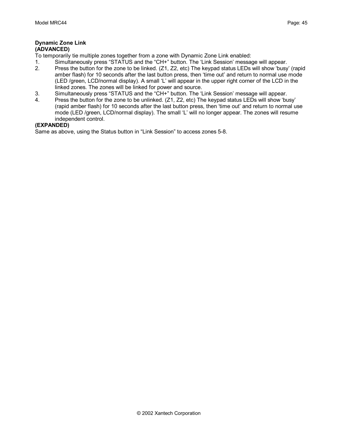 Xantech MRC44 installation instructions Dynamic Zone Link Advanced 