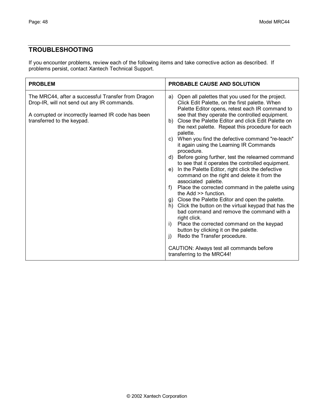 Xantech MRC44 installation instructions Troubleshooting, Problem Probable Cause and Solution 