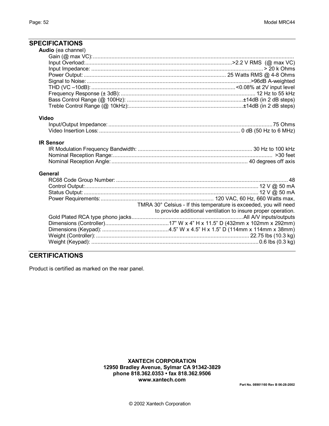 Xantech MRC44 installation instructions Specifications, Certifications, Xantech Corporation 