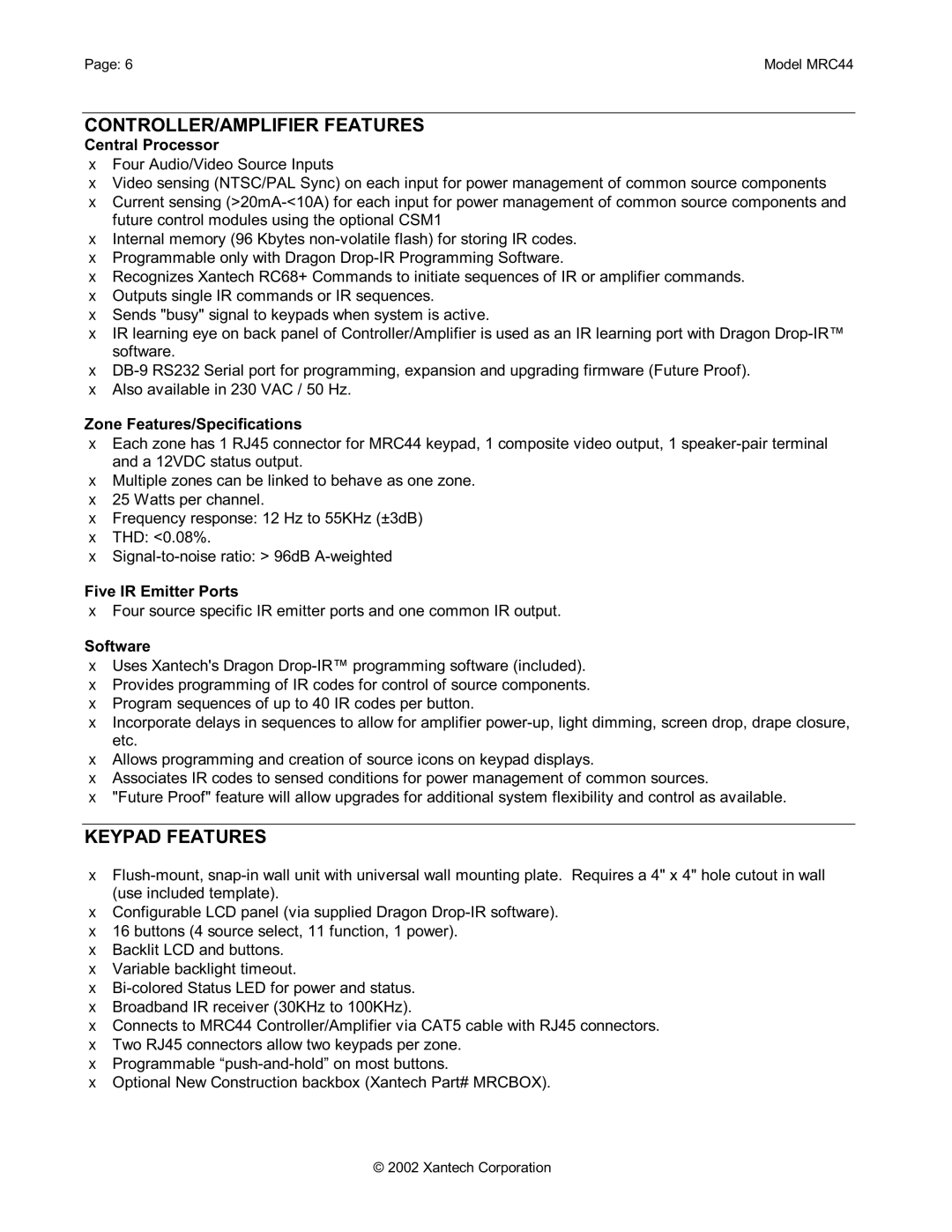 Xantech MRC44 installation instructions CONTROLLER/AMPLIFIER Features, Keypad Features 