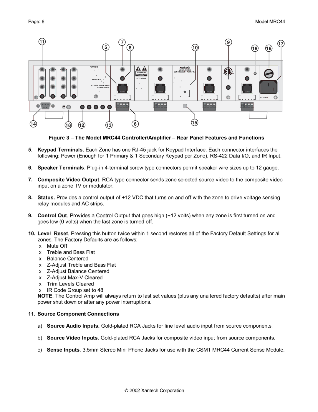 Xantech installation instructions Source Component Connections, 8Model MRC44 